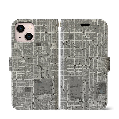 【五条（京都府）】地図柄iPhoneケース（手帳タイプ）モノトーン・iPhone 13 mini 用