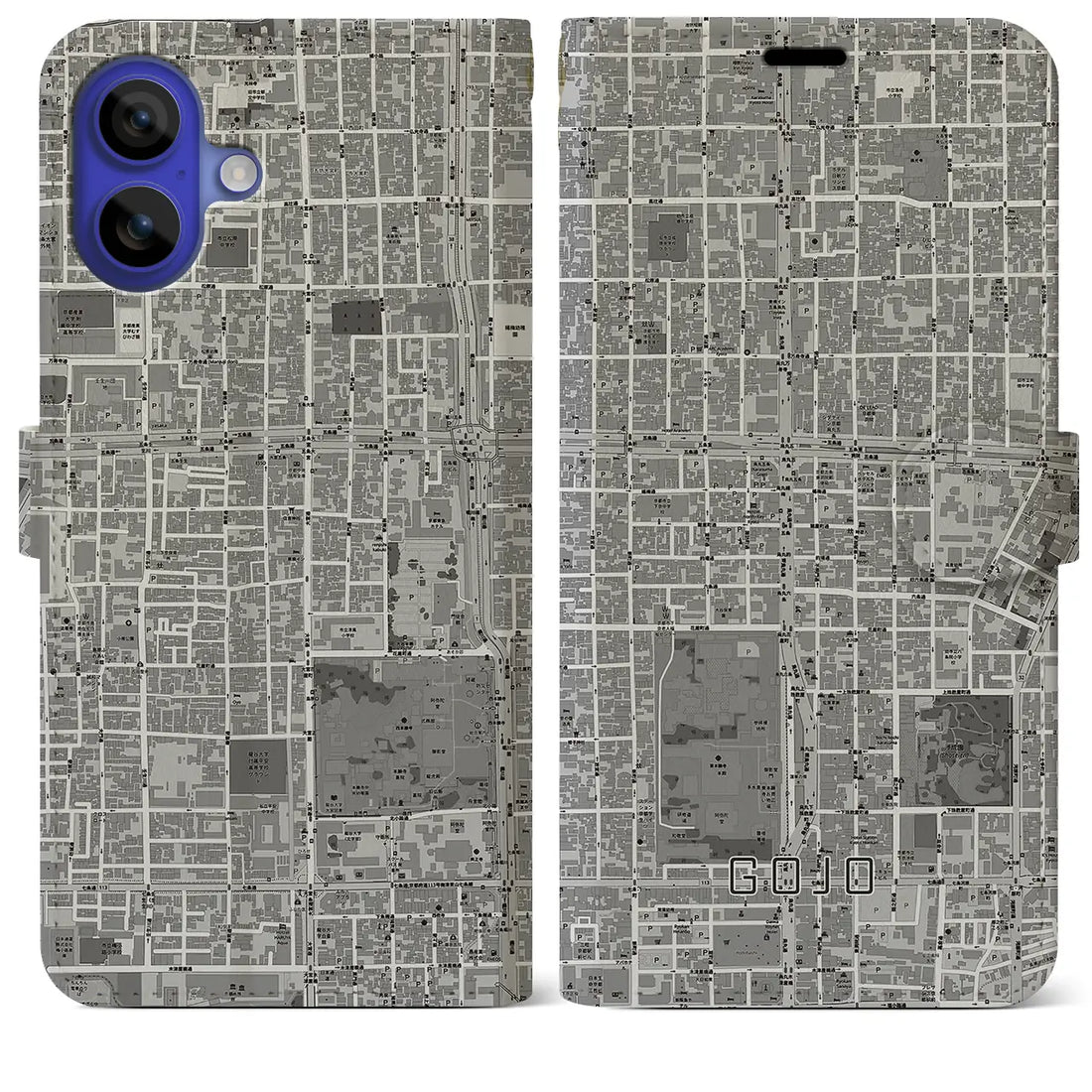 【五条(京都府)】地図柄iPhoneケース(手帳タイプ)モノトーン・iPhone 16 Pro Max 用