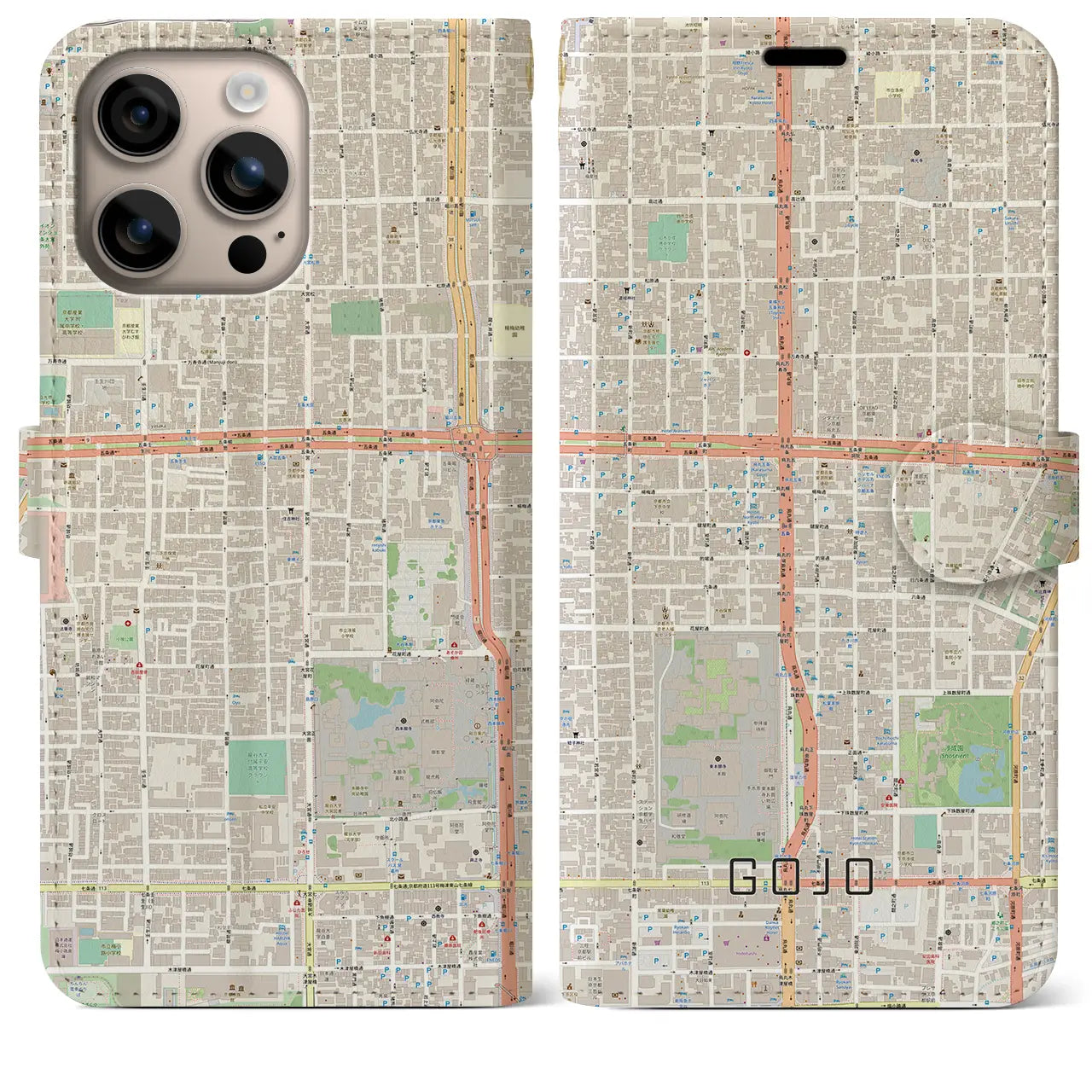 【五条（京都府）】地図柄iPhoneケース（手帳タイプ）ナチュラル・iPhone 16 Plus 用