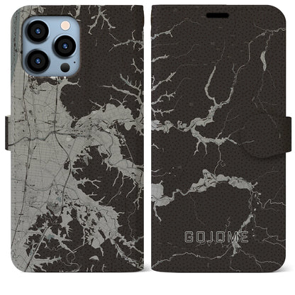 【五城目（秋田県）】地図柄iPhoneケース（手帳タイプ）モノトーン・iPhone 13 Pro Max 用