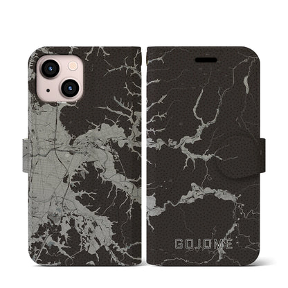 【五城目（秋田県）】地図柄iPhoneケース（手帳タイプ）モノトーン・iPhone 13 mini 用