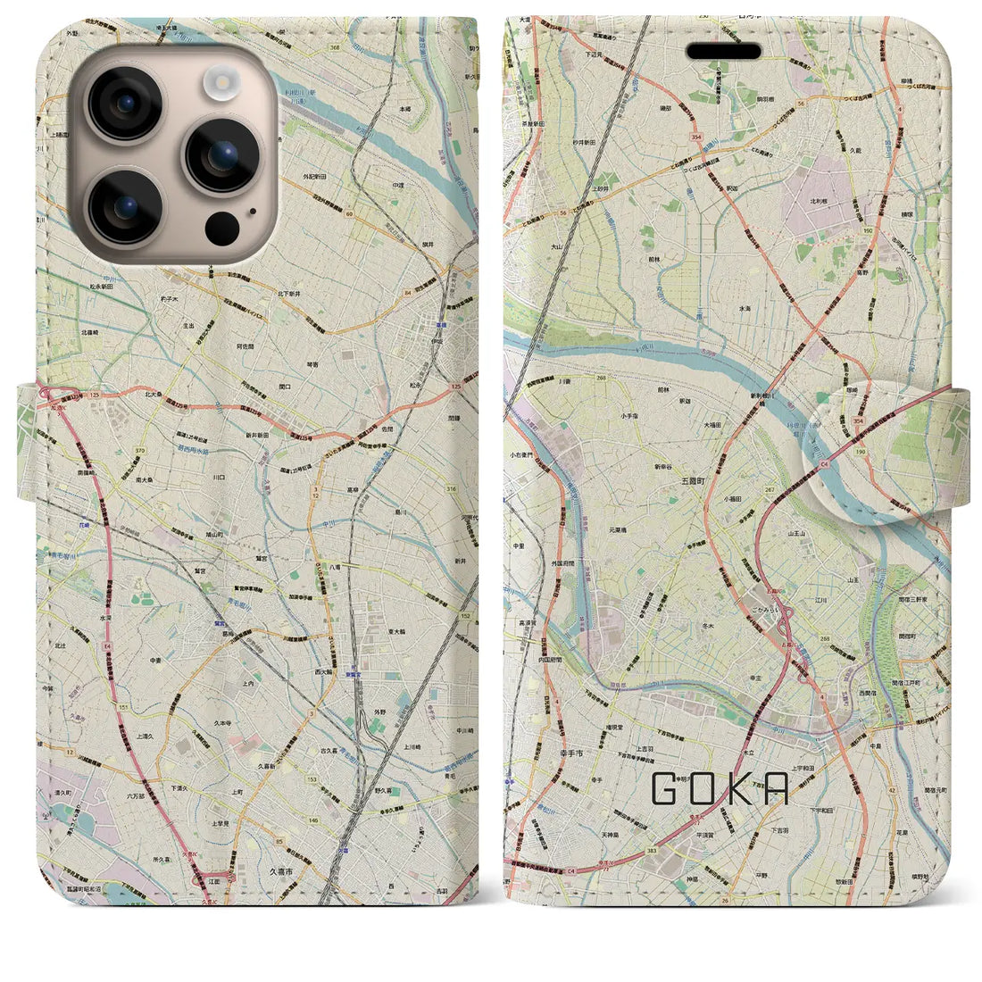 【五霞（茨城県）】地図柄iPhoneケース（手帳タイプ）ナチュラル・iPhone 16 Pro Max 用