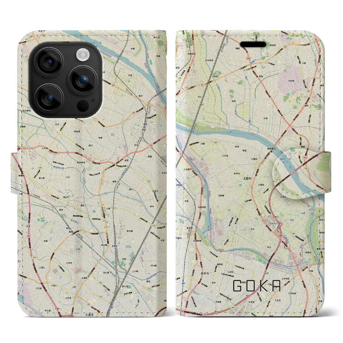 【五霞（茨城県）】地図柄iPhoneケース（手帳タイプ）モノトーン・iPhone 16 Pro Max 用