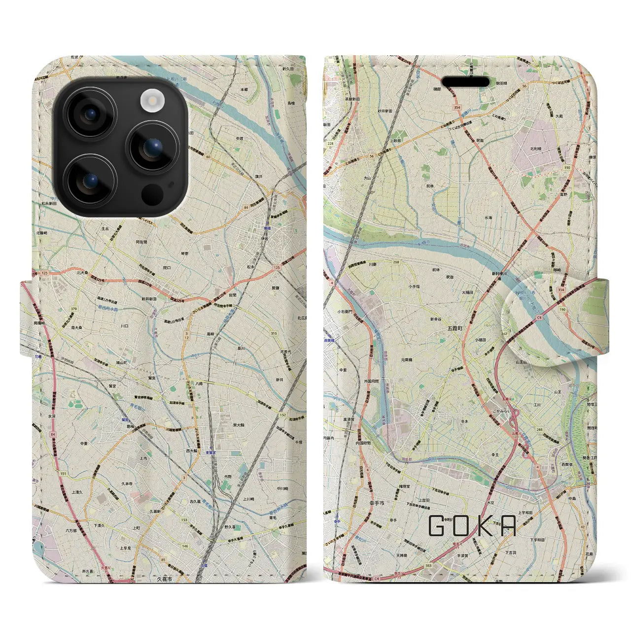 【五霞（茨城県）】地図柄iPhoneケース（手帳タイプ）モノトーン・iPhone 16 Pro Max 用