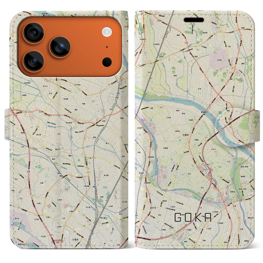 【五霞（茨城県）】地図柄iPhoneケース（手帳タイプ）モノトーン・iPhone 17 Pro Max 用