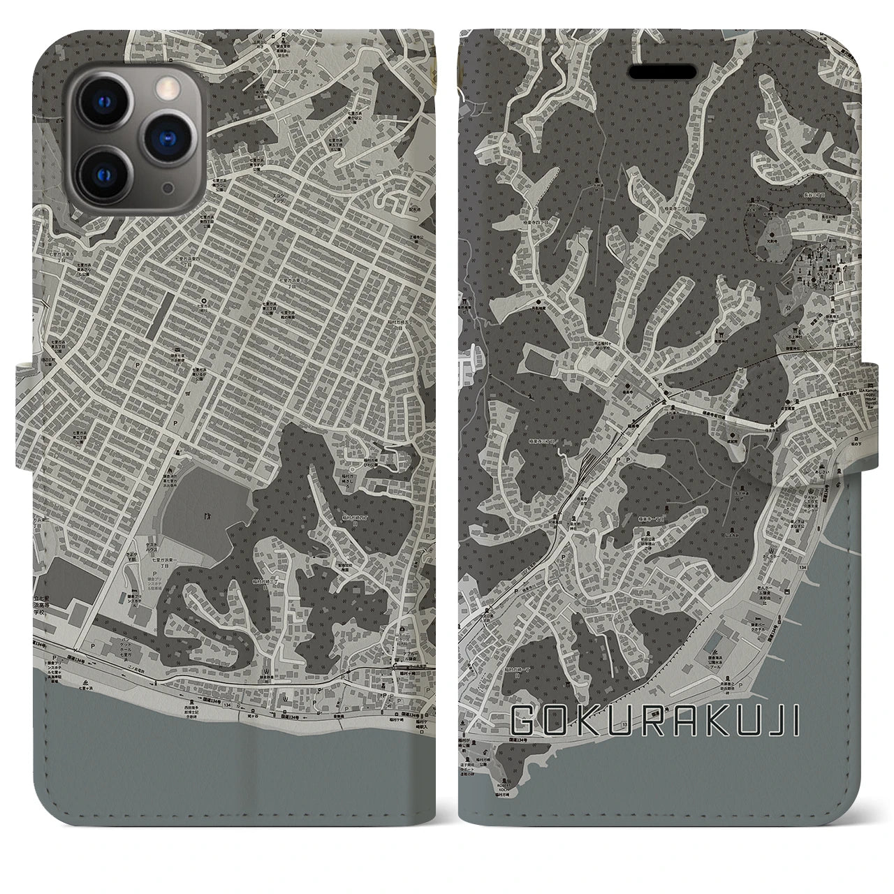 【極楽寺】地図柄iPhoneケース（手帳両面タイプ・モノトーン）iPhone 11 Pro Max 用