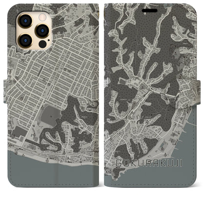 【極楽寺（神奈川県）】地図柄iPhoneケース（手帳タイプ）モノトーン・iPhone 12 Pro Max 用