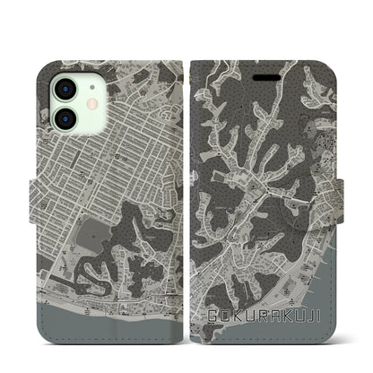 【極楽寺（神奈川県）】地図柄iPhoneケース（手帳タイプ）モノトーン・iPhone 12 mini 用