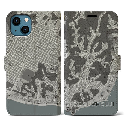 【極楽寺（神奈川県）】地図柄iPhoneケース（手帳タイプ）モノトーン・iPhone 13 用