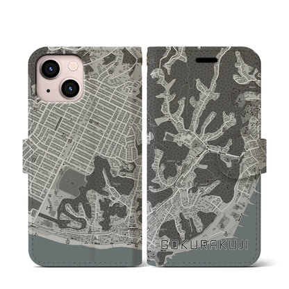 【極楽寺（神奈川県）】地図柄iPhoneケース（手帳タイプ）モノトーン・iPhone 13 mini 用