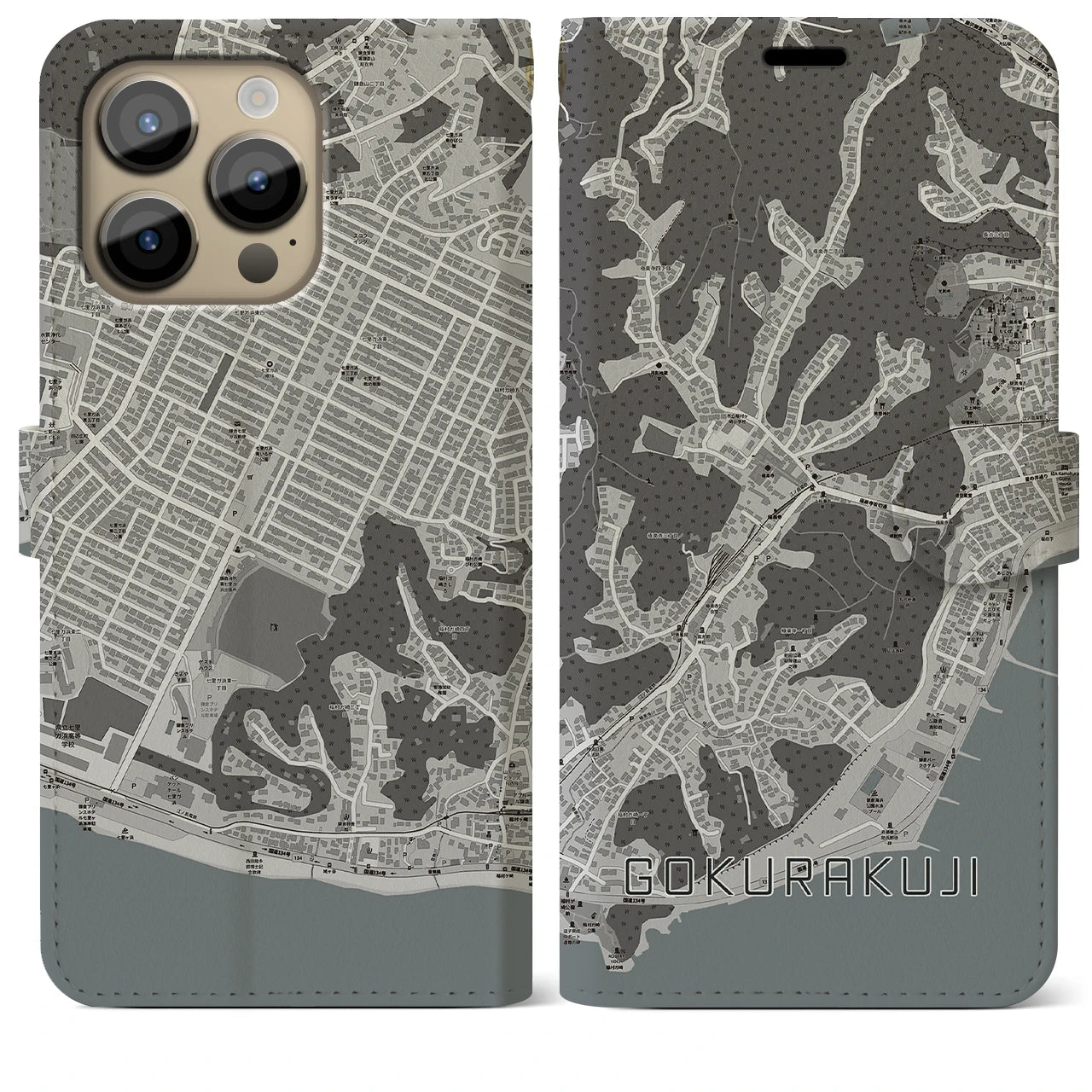 【極楽寺】地図柄iPhoneケース（手帳両面タイプ・モノトーン）iPhone 14 Pro Max 用