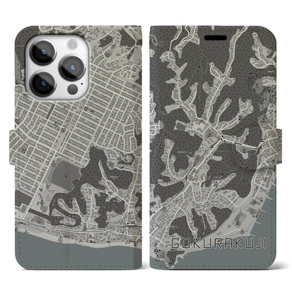 【極楽寺（神奈川県）】地図柄iPhoneケース（手帳タイプ）モノトーン・iPhone 14 Pro 用