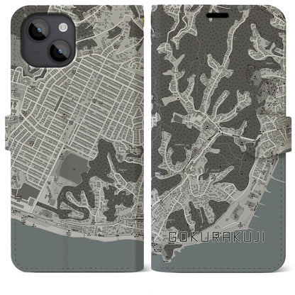 【極楽寺（神奈川県）】地図柄iPhoneケース（手帳タイプ）モノトーン・iPhone 14 Plus 用