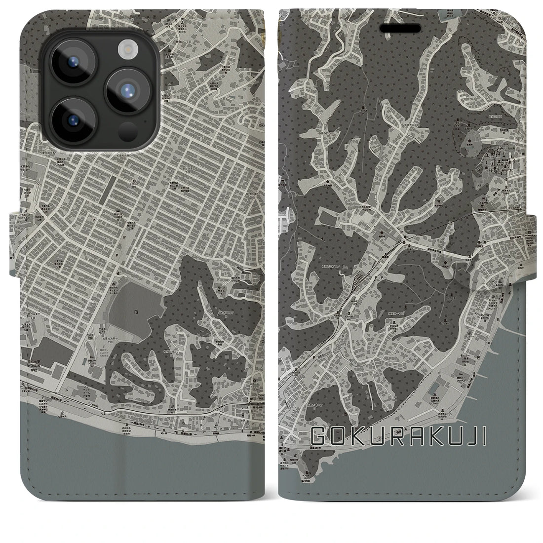 【極楽寺】地図柄iPhoneケース（手帳両面タイプ・モノトーン）iPhone 15 Pro Max 用