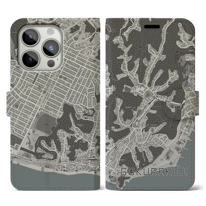 【極楽寺（神奈川県）】地図柄iPhoneケース（手帳タイプ）モノトーン・iPhone 15 Pro 用