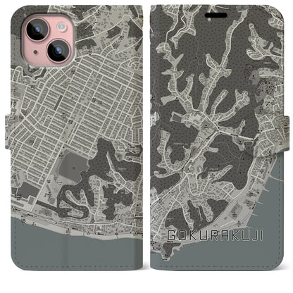 【極楽寺（神奈川県）】地図柄iPhoneケース（手帳タイプ）モノトーン・iPhone 15 Plus 用