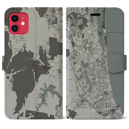 【ゴールドコースト（オーストラリア）】地図柄iPhoneケース（手帳タイプ）モノトーン・iPhone 11 用