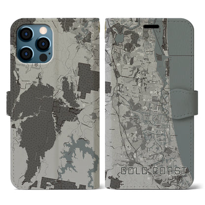 【ゴールドコースト（オーストラリア）】地図柄iPhoneケース（手帳タイプ）モノトーン・iPhone 12 / 12 Pro 用