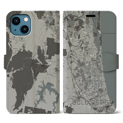 【ゴールドコースト（オーストラリア）】地図柄iPhoneケース（手帳タイプ）モノトーン・iPhone 13 用