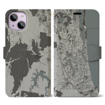 【ゴールドコースト（オーストラリア）】地図柄iPhoneケース（手帳タイプ）モノトーン・iPhone 14 用