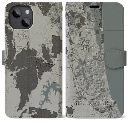 【ゴールドコースト（オーストラリア）】地図柄iPhoneケース（手帳タイプ）モノトーン・iPhone 14 Plus 用