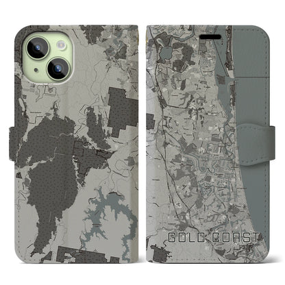 【ゴールドコースト（オーストラリア）】地図柄iPhoneケース（手帳タイプ）モノトーン・iPhone 15 用