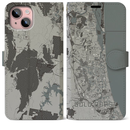 【ゴールドコースト（オーストラリア）】地図柄iPhoneケース（手帳タイプ）モノトーン・iPhone 15 Plus 用