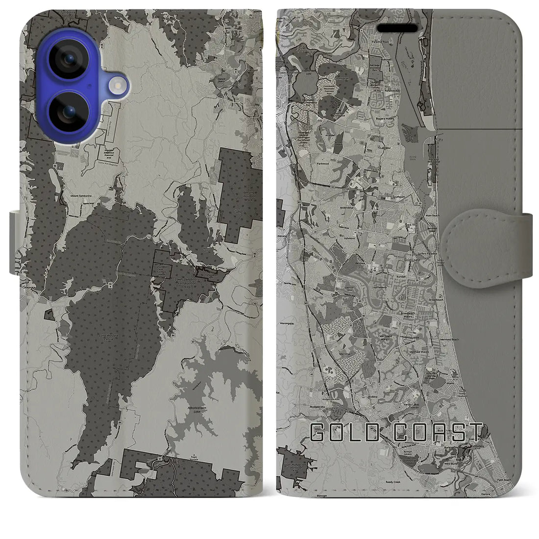 【ゴールドコースト(オーストラリア)】地図柄iPhoneケース(手帳タイプ)モノトーン・iPhone 16 Pro Max 用