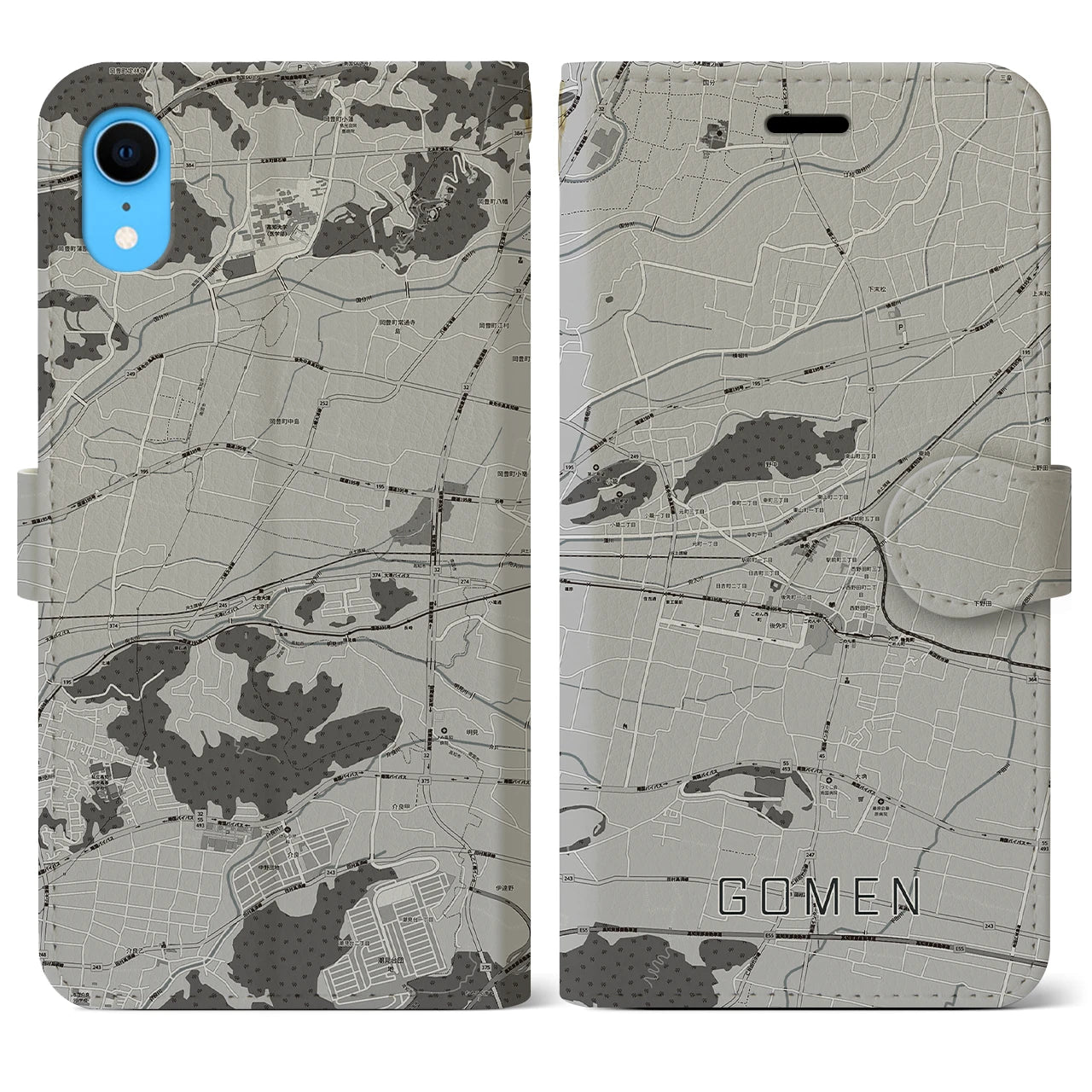 【後免】地図柄iPhoneケース（手帳両面タイプ・モノトーン）iPhone XR 用