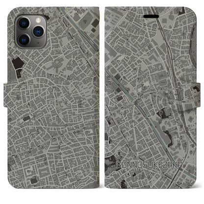 【権之助坂（東京都）】地図柄iPhoneケース（手帳タイプ）モノトーン・iPhone 11 Pro Max 用