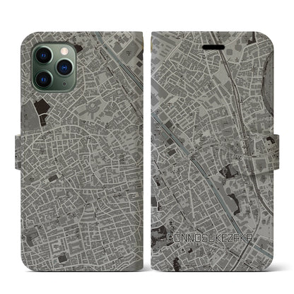 【権之助坂（東京都）】地図柄iPhoneケース（手帳タイプ）モノトーン・iPhone 11 Pro 用