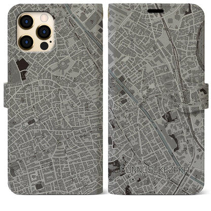 【権之助坂（東京都）】地図柄iPhoneケース（手帳タイプ）モノトーン・iPhone 12 Pro Max 用