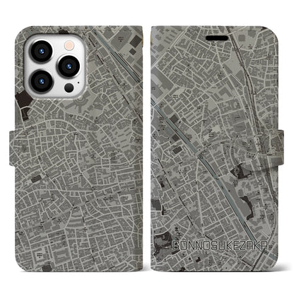 【権之助坂（東京都）】地図柄iPhoneケース（手帳タイプ）モノトーン・iPhone 13 Pro 用