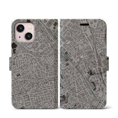 【権之助坂（東京都）】地図柄iPhoneケース（手帳タイプ）モノトーン・iPhone 13 mini 用