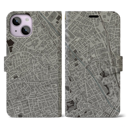 【権之助坂（東京都）】地図柄iPhoneケース（手帳タイプ）モノトーン・iPhone 14 用