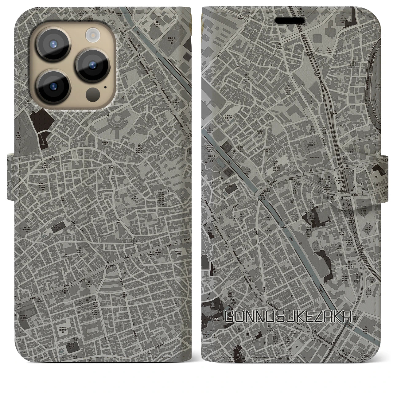 【権之助坂】地図柄iPhoneケース（手帳両面タイプ・モノトーン）iPhone 14 Pro Max 用