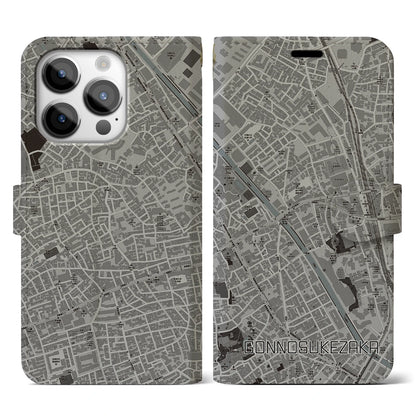 【権之助坂（東京都）】地図柄iPhoneケース（手帳タイプ）モノトーン・iPhone 14 Pro 用