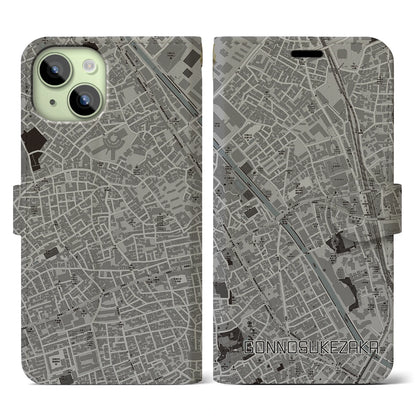 【権之助坂（東京都）】地図柄iPhoneケース（手帳タイプ）モノトーン・iPhone 15 用