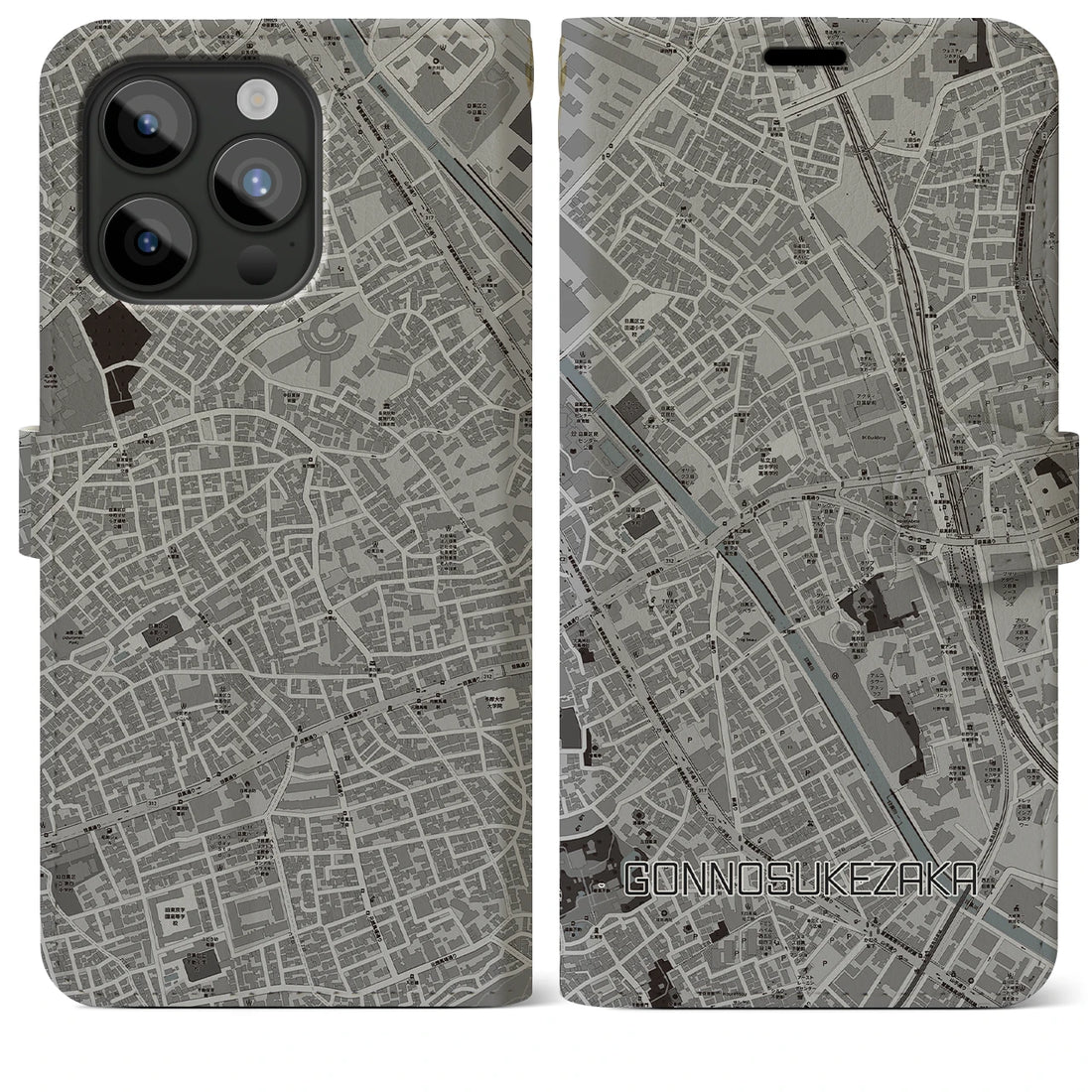 【権之助坂】地図柄iPhoneケース（手帳両面タイプ・モノトーン）iPhone 15 Pro Max 用