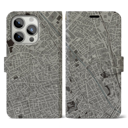 【権之助坂（東京都）】地図柄iPhoneケース（手帳タイプ）モノトーン・iPhone 15 Pro 用