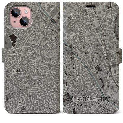 【権之助坂（東京都）】地図柄iPhoneケース（手帳タイプ）モノトーン・iPhone 15 Plus 用