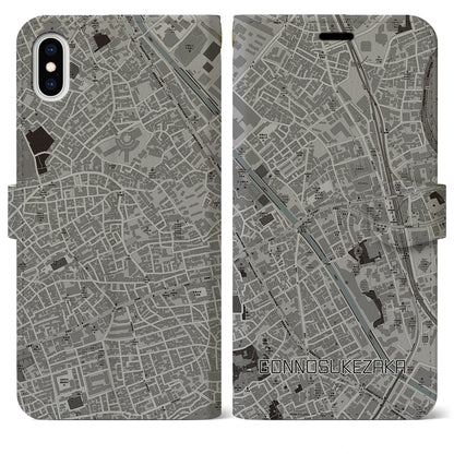 【権之助坂（東京都）】地図柄iPhoneケース（手帳タイプ）モノトーン・iPhone XS Max 用