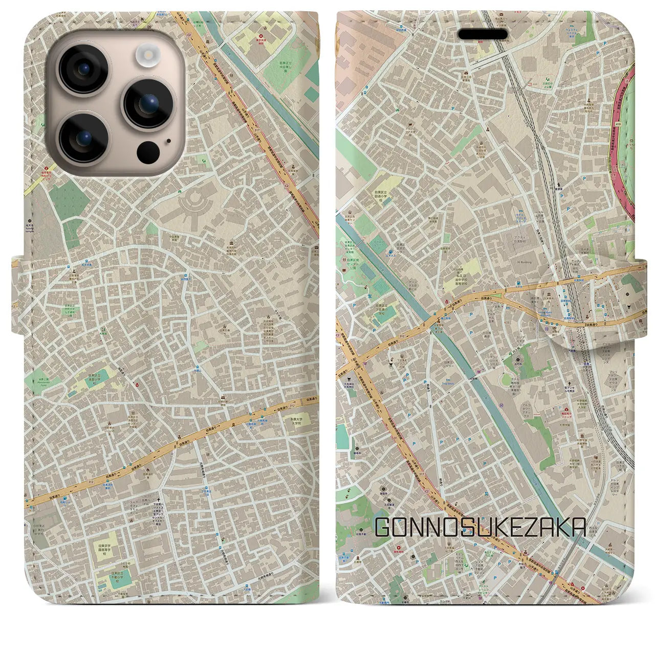 【権之助坂（東京都）】地図柄iPhoneケース（手帳タイプ）ナチュラル・iPhone 16 Plus 用