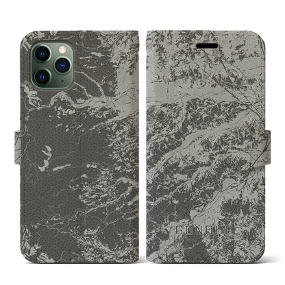 【五戸（青森県）】地図柄iPhoneケース（手帳タイプ）モノトーン・iPhone 11 Pro 用