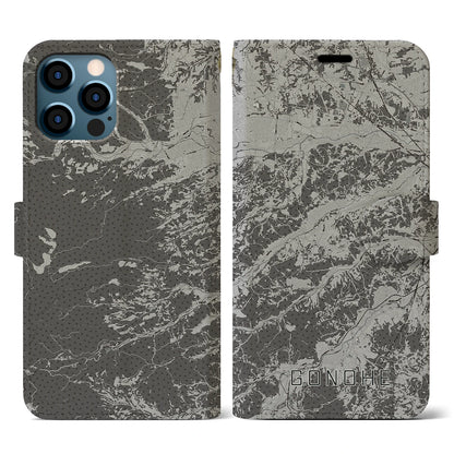 【五戸（青森県）】地図柄iPhoneケース（手帳タイプ）モノトーン・iPhone 12 / 12 Pro 用