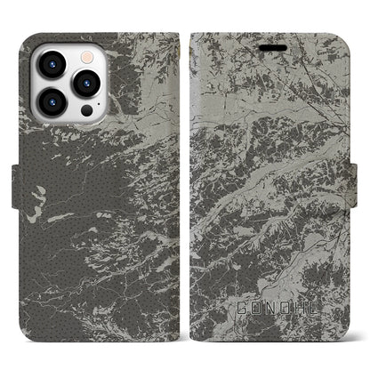 【五戸（青森県）】地図柄iPhoneケース（手帳タイプ）モノトーン・iPhone 13 Pro 用