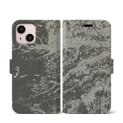 【五戸（青森県）】地図柄iPhoneケース（手帳タイプ）モノトーン・iPhone 13 mini 用