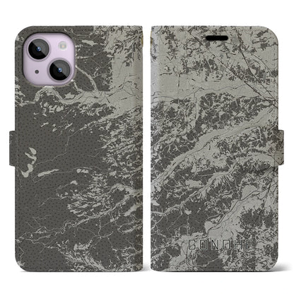 【五戸（青森県）】地図柄iPhoneケース（手帳タイプ）モノトーン・iPhone 14 用