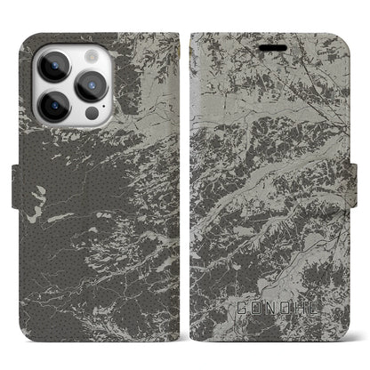 【五戸（青森県）】地図柄iPhoneケース（手帳タイプ）モノトーン・iPhone 14 Pro 用