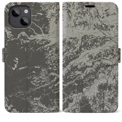 【五戸（青森県）】地図柄iPhoneケース（手帳タイプ）モノトーン・iPhone 14 Plus 用